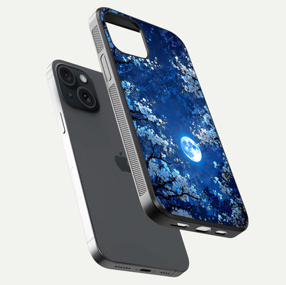 Blossom Moonlight Sky Glass Case for iPhone 15 floating mockup showing glowing moon accent and HD gloss texture