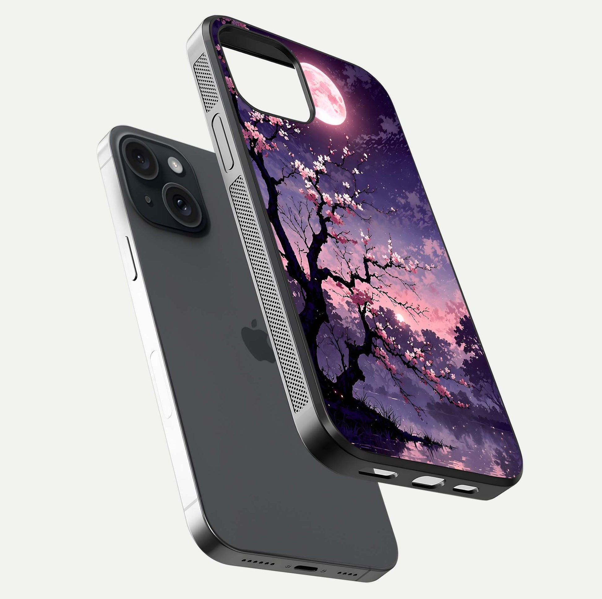 Blossom Pink Moon Glass Case for iPhone 15 floating mockup emphasizing dreamy pink moon aura and smooth finish