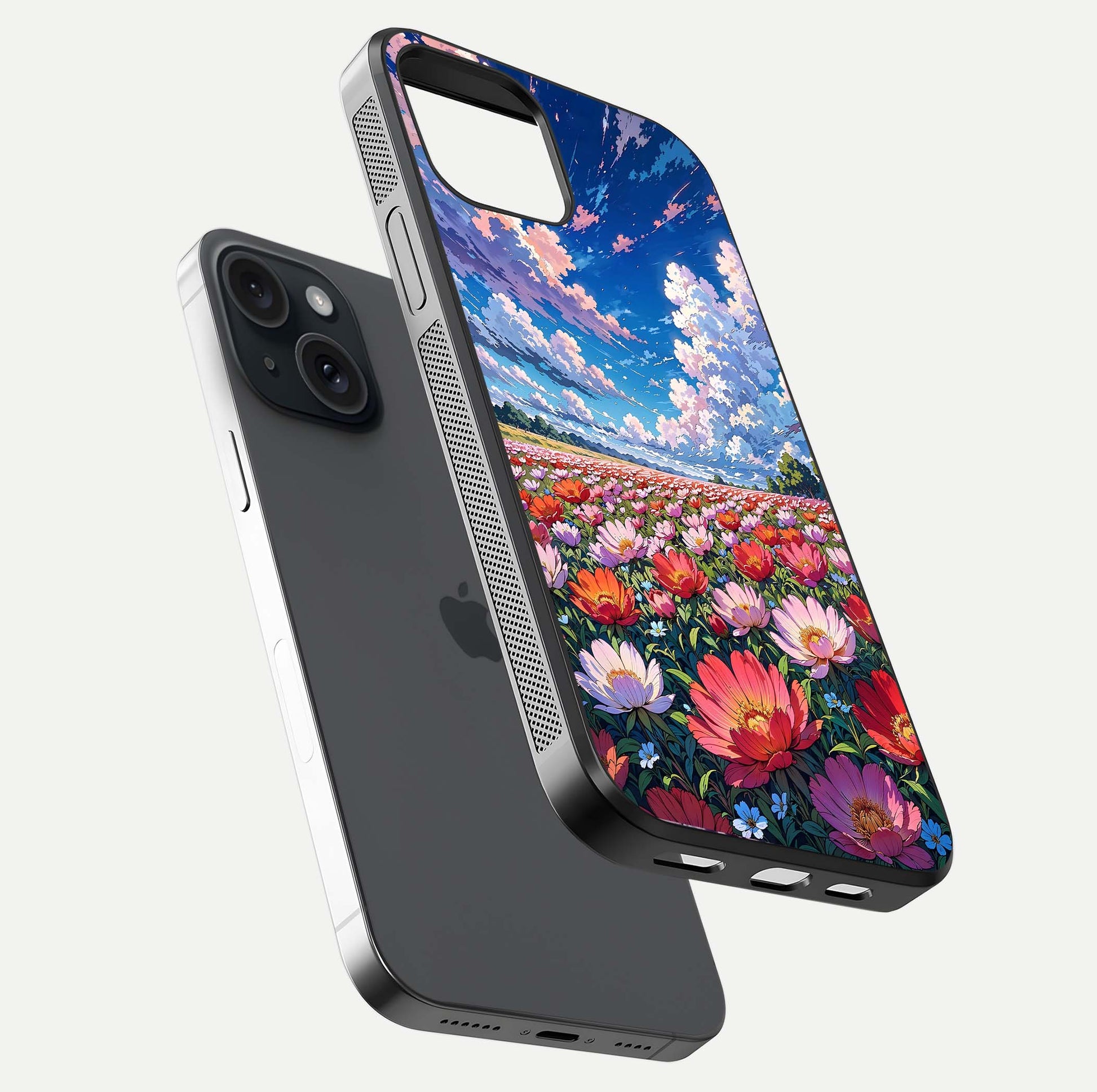 Blossom Sky Field Glass Case for iPhone 15 floating mockup displaying sky bloom concept with smooth finish