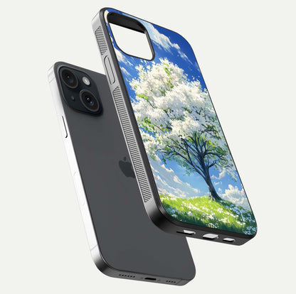 Blossom Sky Serenity Glass Case for iPhone 15 floating mockup capturing gloss surface and tranquil design