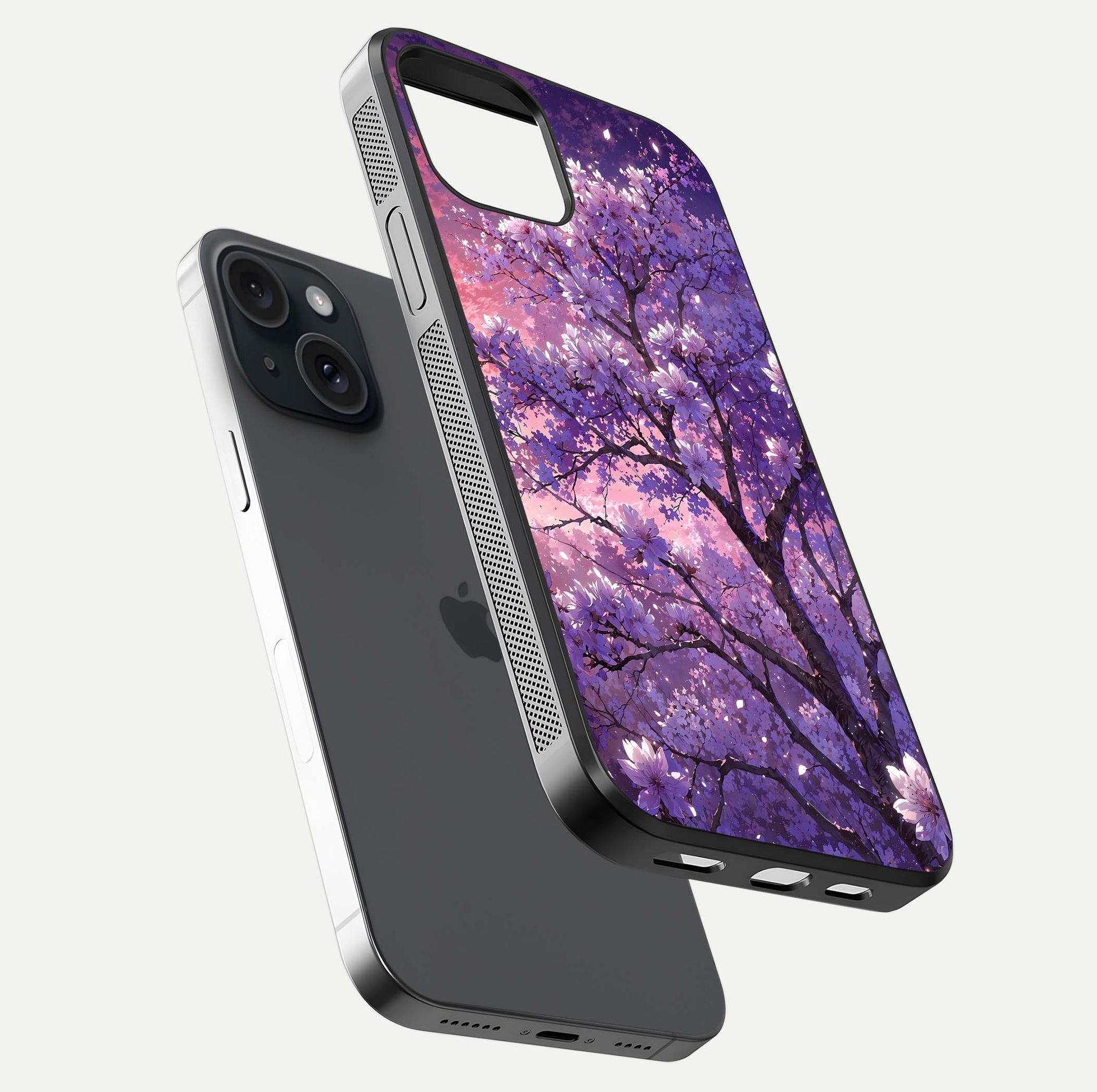 Blossom Tree Glass Case for iPhone 15 floating dual-mockup displaying texture detail and curved edges