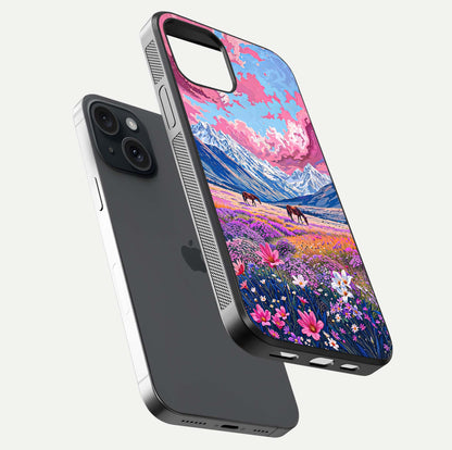 Blossom Valley Dream Glass Case for iPhone 15 floating mockup showing floral valley blend and reflective surface