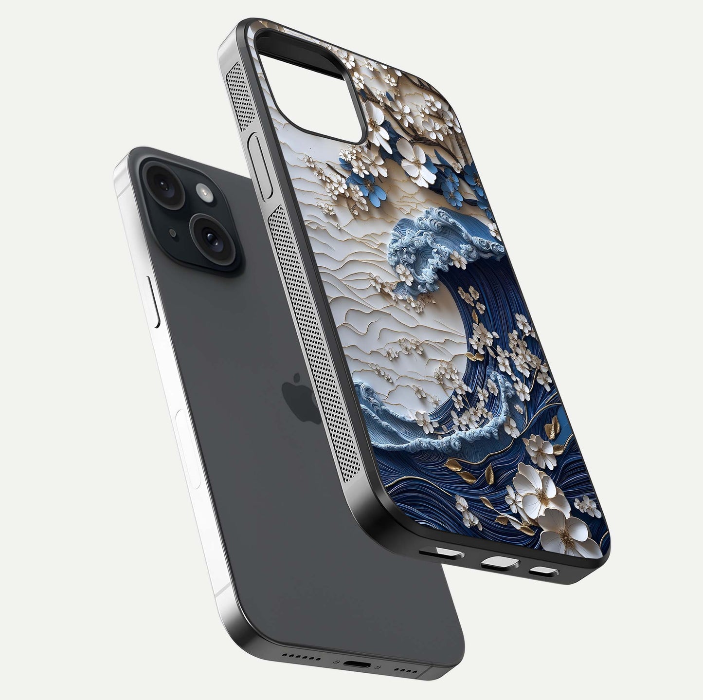 Blossom Wave Art Glass Case for iPhone 15 floating mockup displaying pattern details and reflective shine