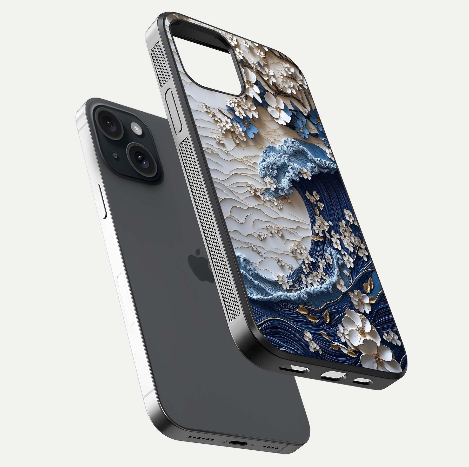 Blossom Wave Art Glass Case for iPhone 15 floating mockup displaying pattern details and reflective shine