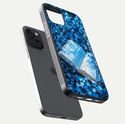 Blue Bloom Tales Glass Case for iPhone 15 floating mockup showing detailed bloom and reflective surface
