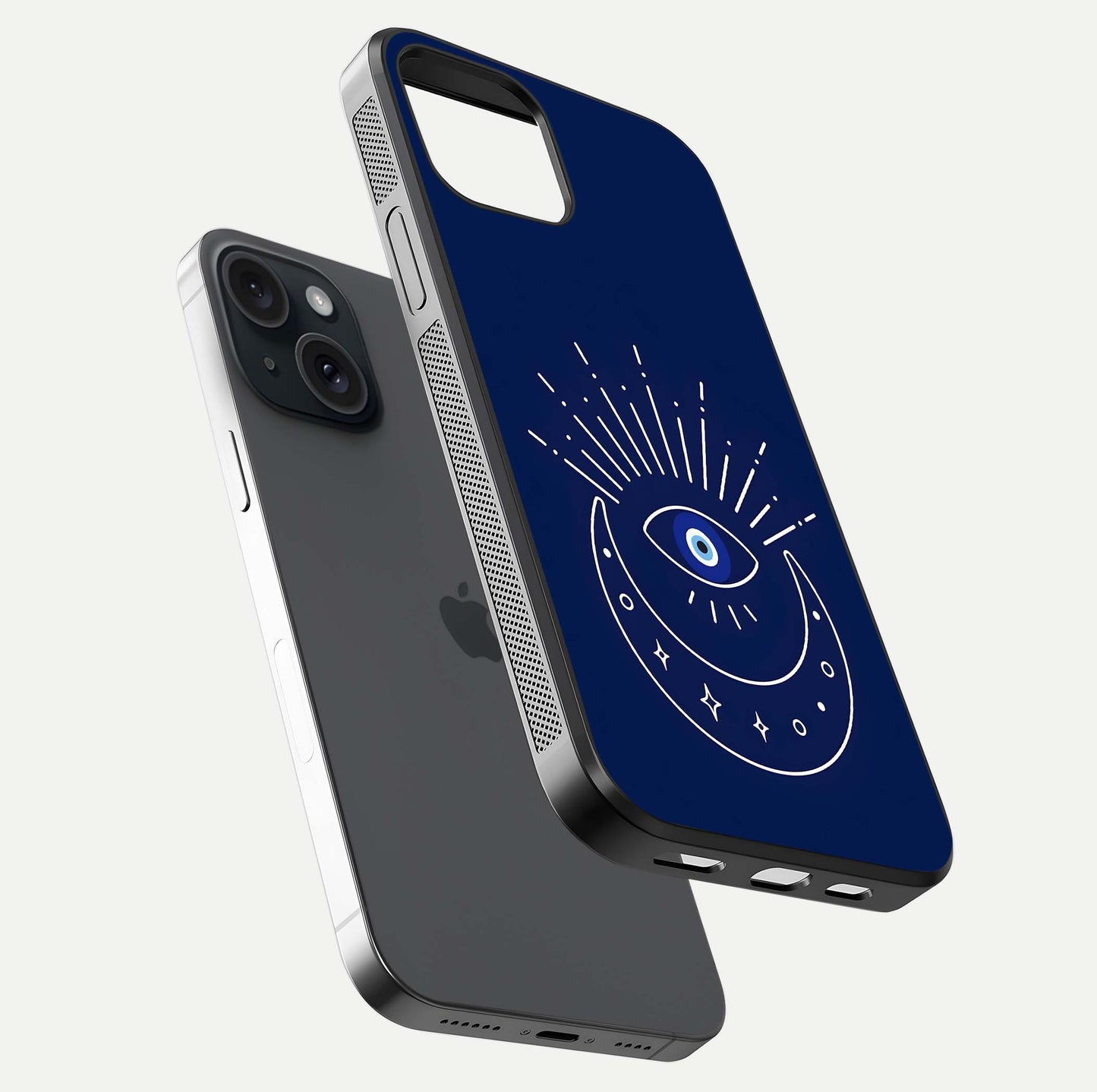 Blue Evil Eye Glass Case for iPhone 15 floating mockup displaying glossy protection and spiritual artwork