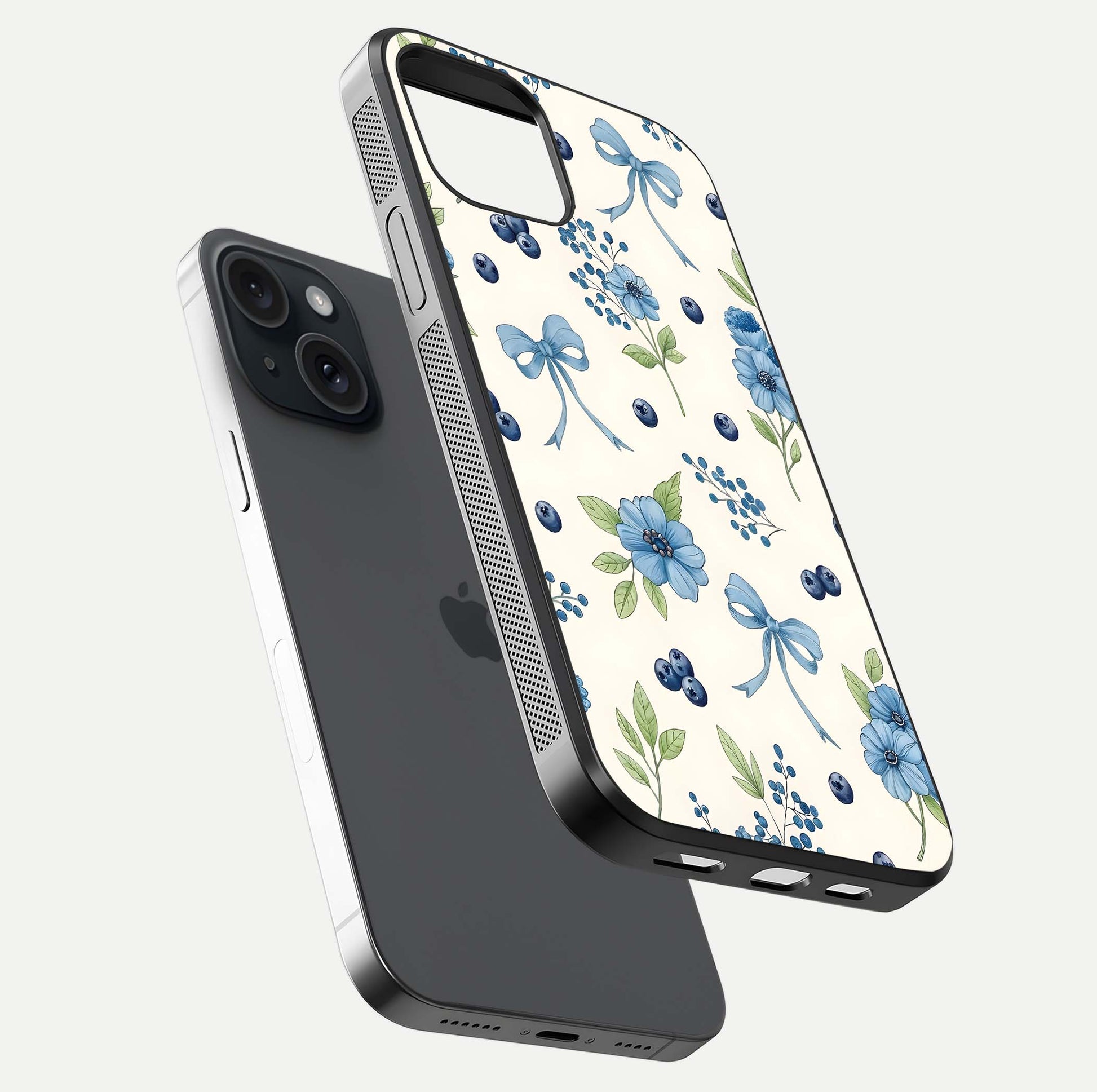 Blue Flower & Bow Glass Case for iPhone 15 floating mockup capturing gloss reflection and girly aesthetic