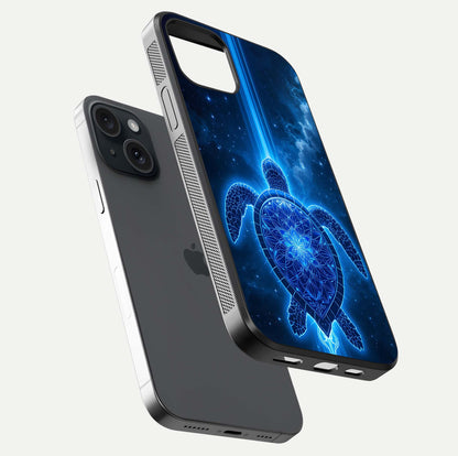 Blue Galaxy Turtle Glass Case for iPhone 15 floating dual-mockup showing gloss depth and color transitions