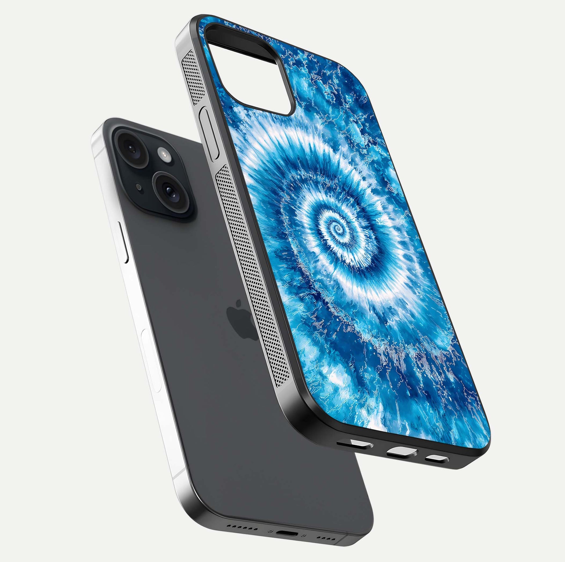 Blue Galaxy Wave Glass Case for iPhone 15 floating mockup revealing cosmic depth and curved-edge texture