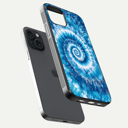 Blue Galaxy Wave Glass Case for iPhone 15 floating mockup revealing cosmic depth and curved-edge texture