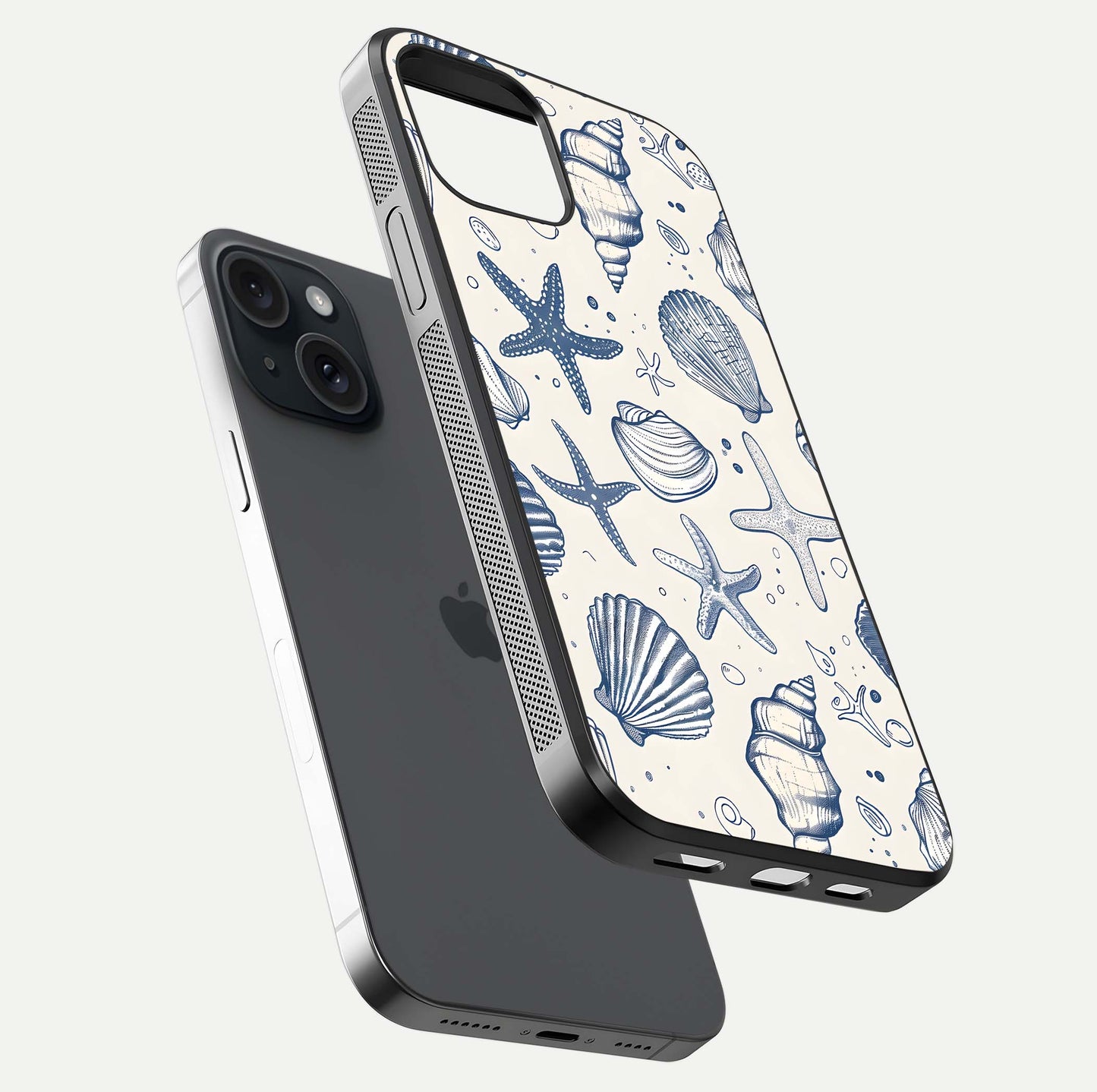 Blue Ocean Outline Glass Case for iPhone 15 floating mockup displaying marine-inspired aesthetic and smooth surface