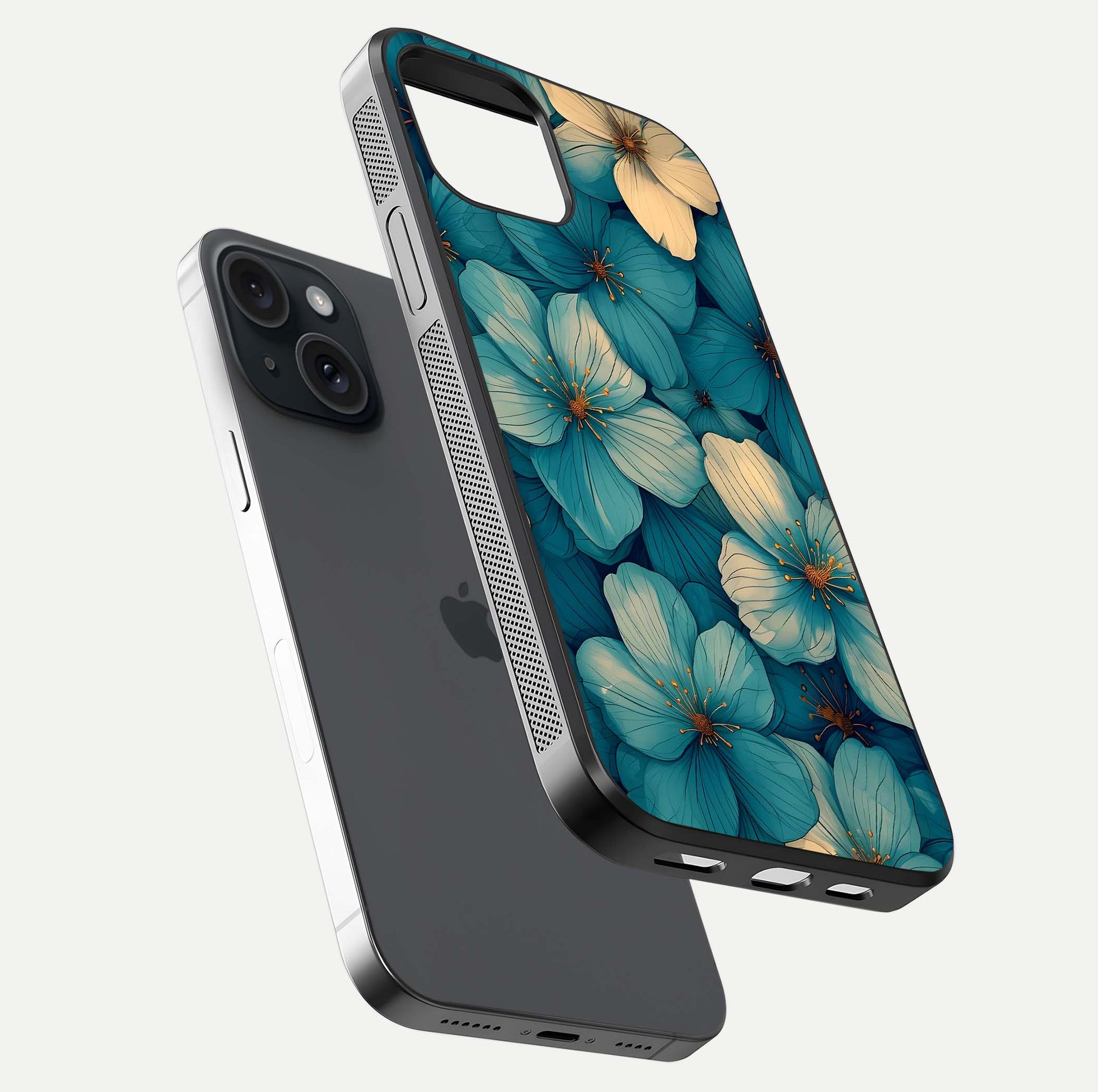 Blue Shade Floral Glass Case for iPhone 15 floating mockup revealing gloss highlight and floral depth