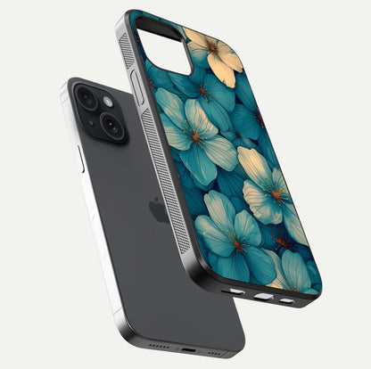 Blue Shade Floral Glass Case for iPhone 15 floating mockup revealing gloss highlight and floral depth