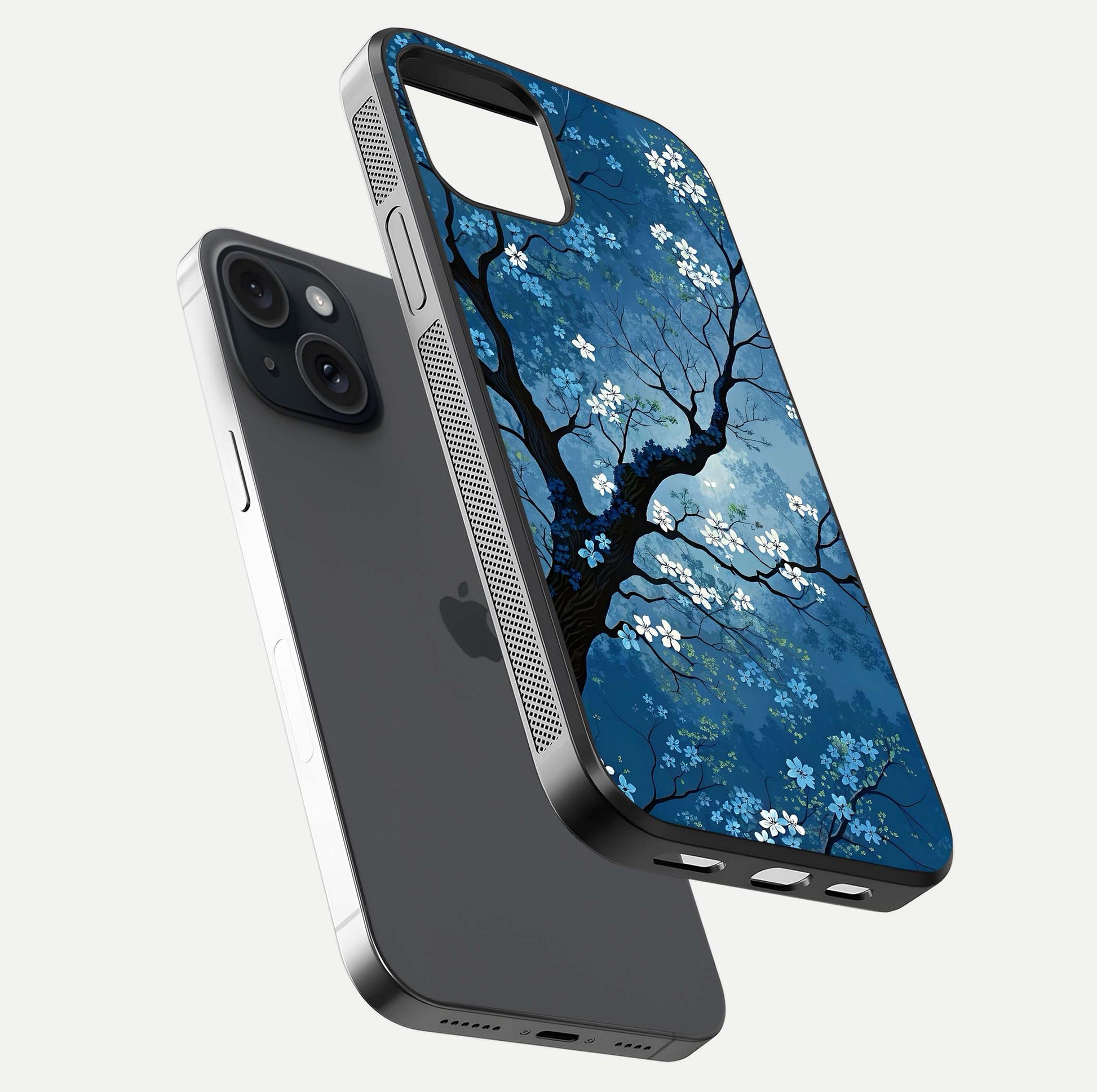 Blue Tree Serenity Glass Case for iPhone 15 floating mockup displaying serene tones and HD glass polish