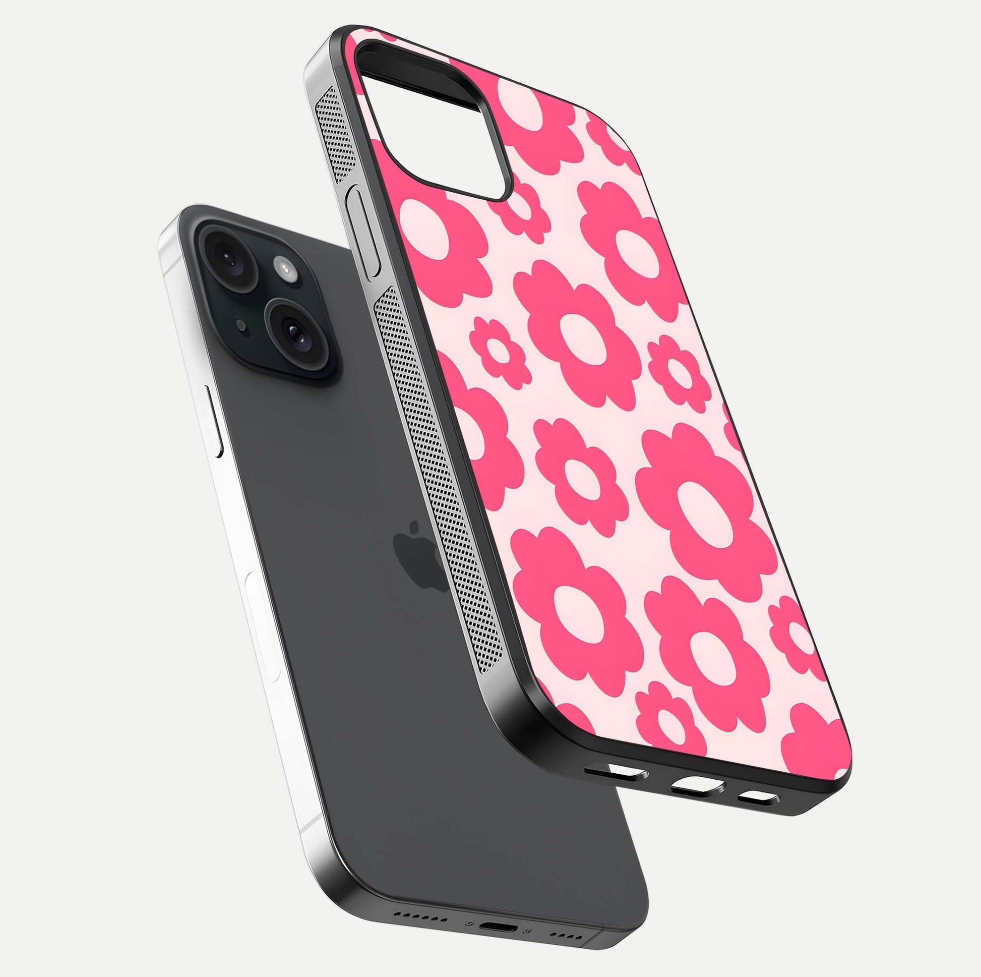 Blush Flower Pop iPhone 15  glass phone case floating view emphasizing premium build and vibrant flower artwork