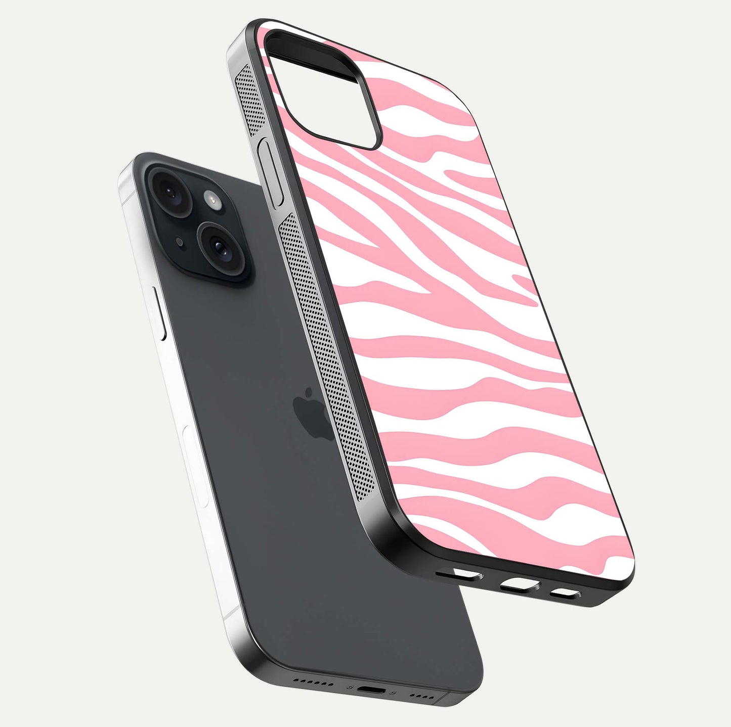 Blush Zebra Flow iPhone 15  glass phone case floating view emphasizing premium glossy surface and dynamic design