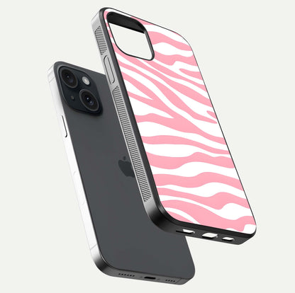 Blush Zebra Flow iPhone 15  glass phone case floating view emphasizing premium glossy surface and dynamic design