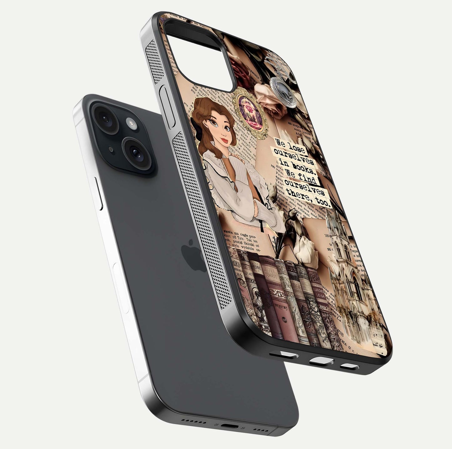 Bookish Dream World Glass Case for iPhone 15 floating mockup capturing gloss shine and artistic balance