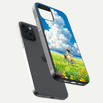 Breezy Meadow Ride Glass Case for iPhone 15 floating mockup capturing serene tones and smooth finish