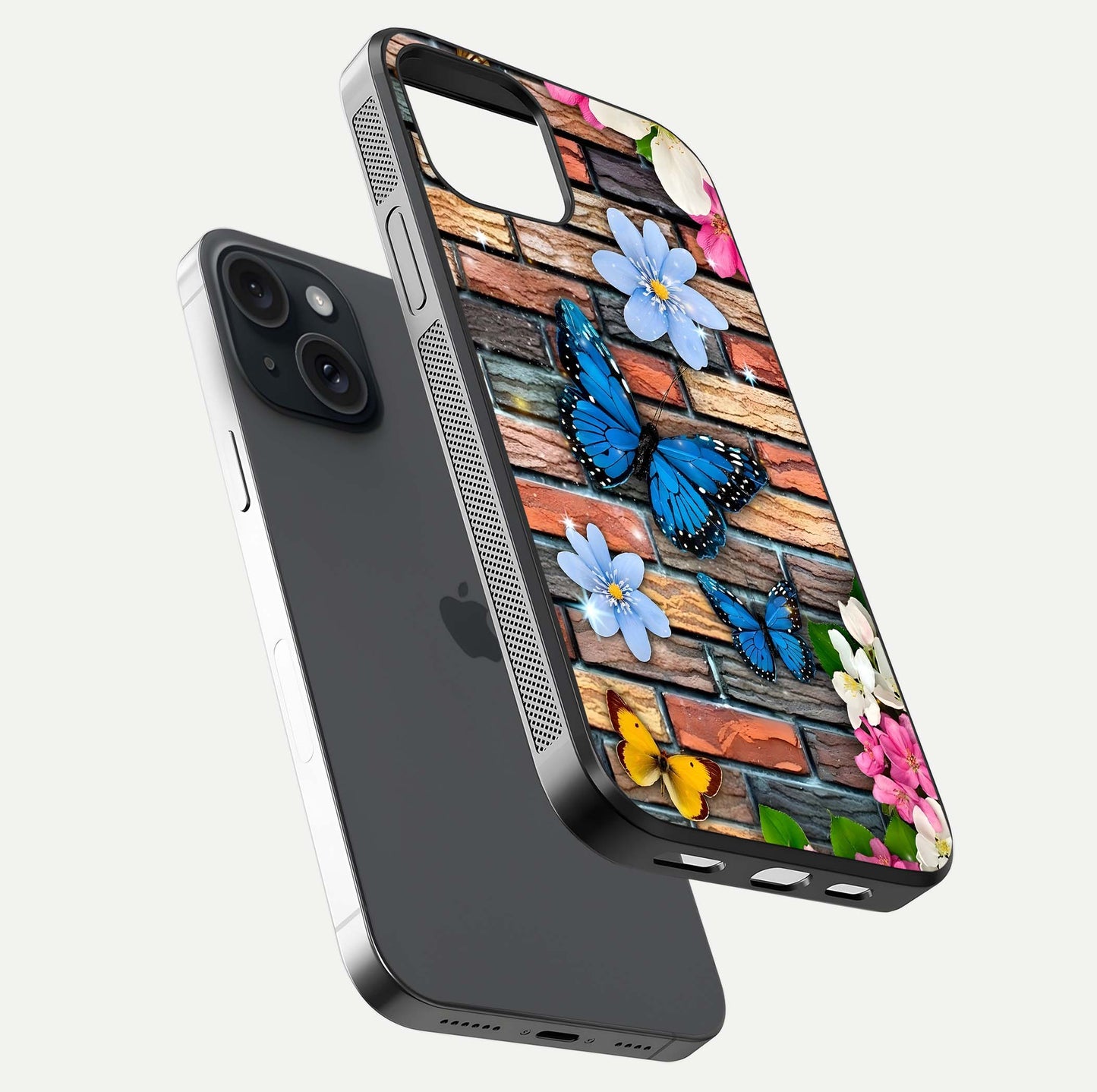 Brick Bloom Flight Glass Case for iPhone 15 floating mockup displaying gloss reflection and pattern vibrancy