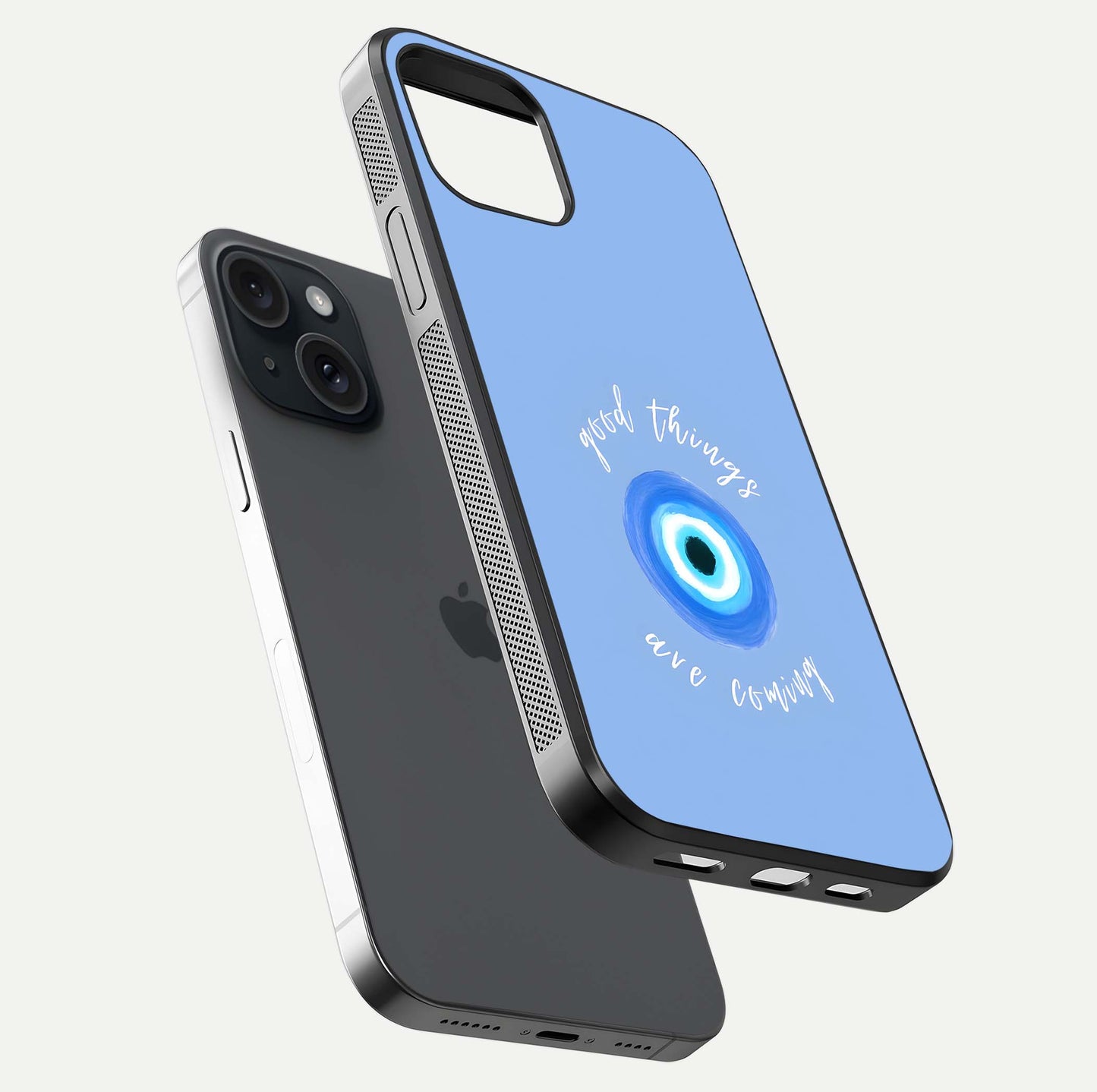 Bright Future Ahead Glass Case for iPhone 15 floating mockup showing sleek design and positive quote print