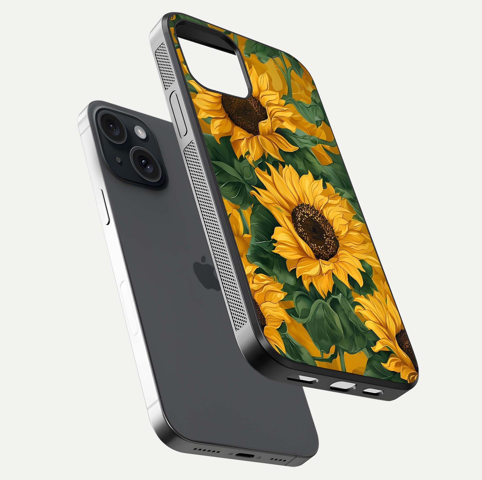 Bright Sunflower Bloom Glass Case for iPhone 15 floating mockup capturing vibrant tones and gloss surface