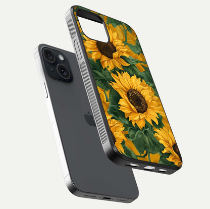 Bright Sunflower Bloom Glass Case for iPhone 15 floating mockup capturing vibrant tones and gloss surface
