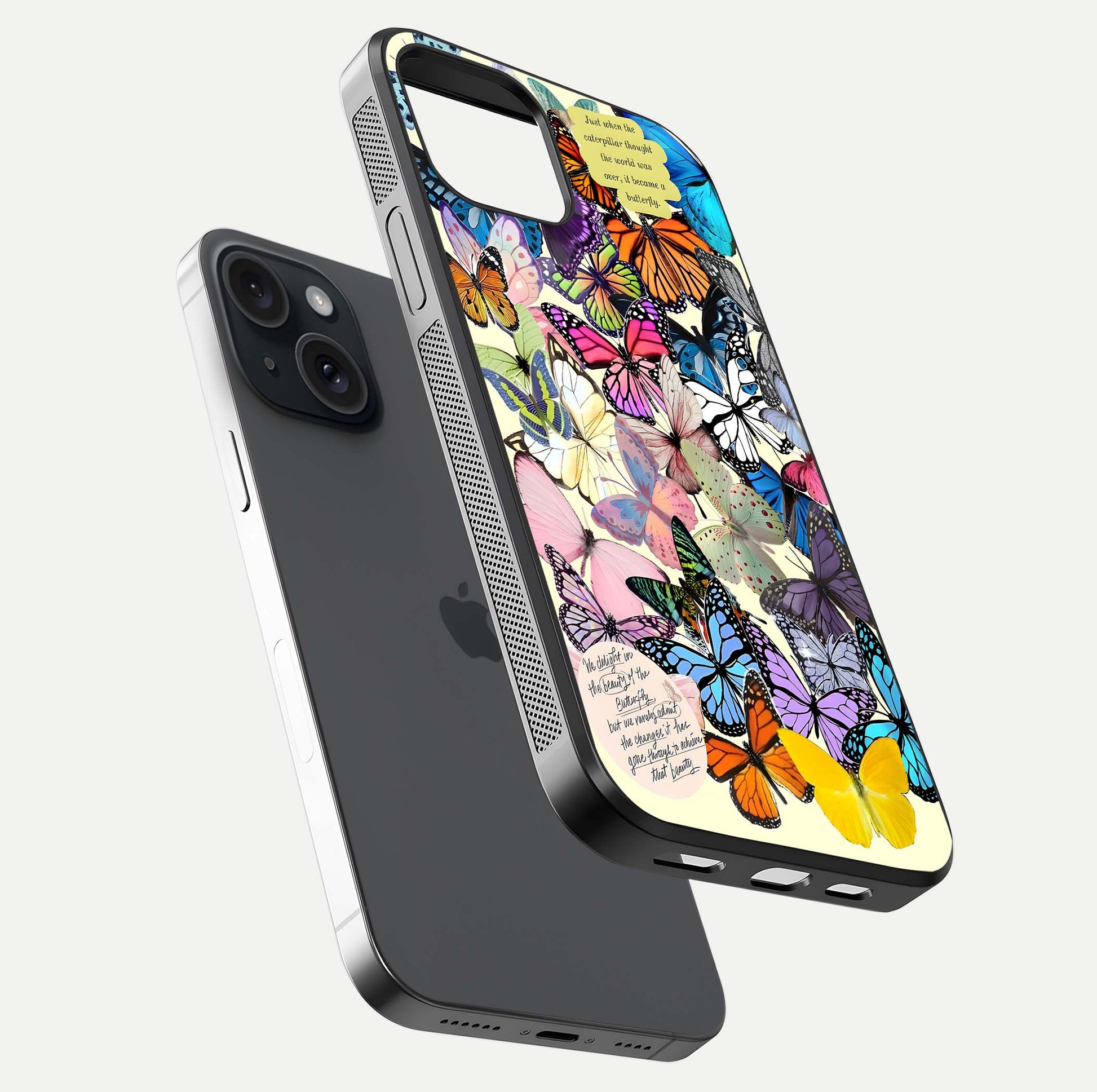 Butterflies Petal Dream Glass Case for iPhone 15 floating mockup displaying detailed print and premium glass glow