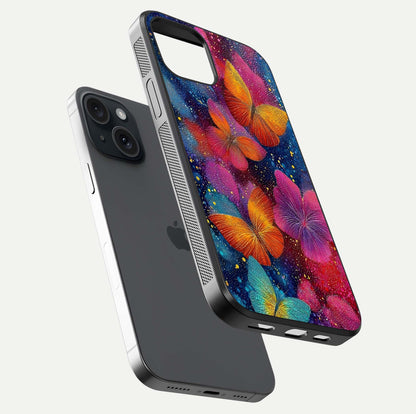 Butterfly Dream Mist Glass Case for iPhone 15 floating mockup displaying glass shine and ethereal art depth