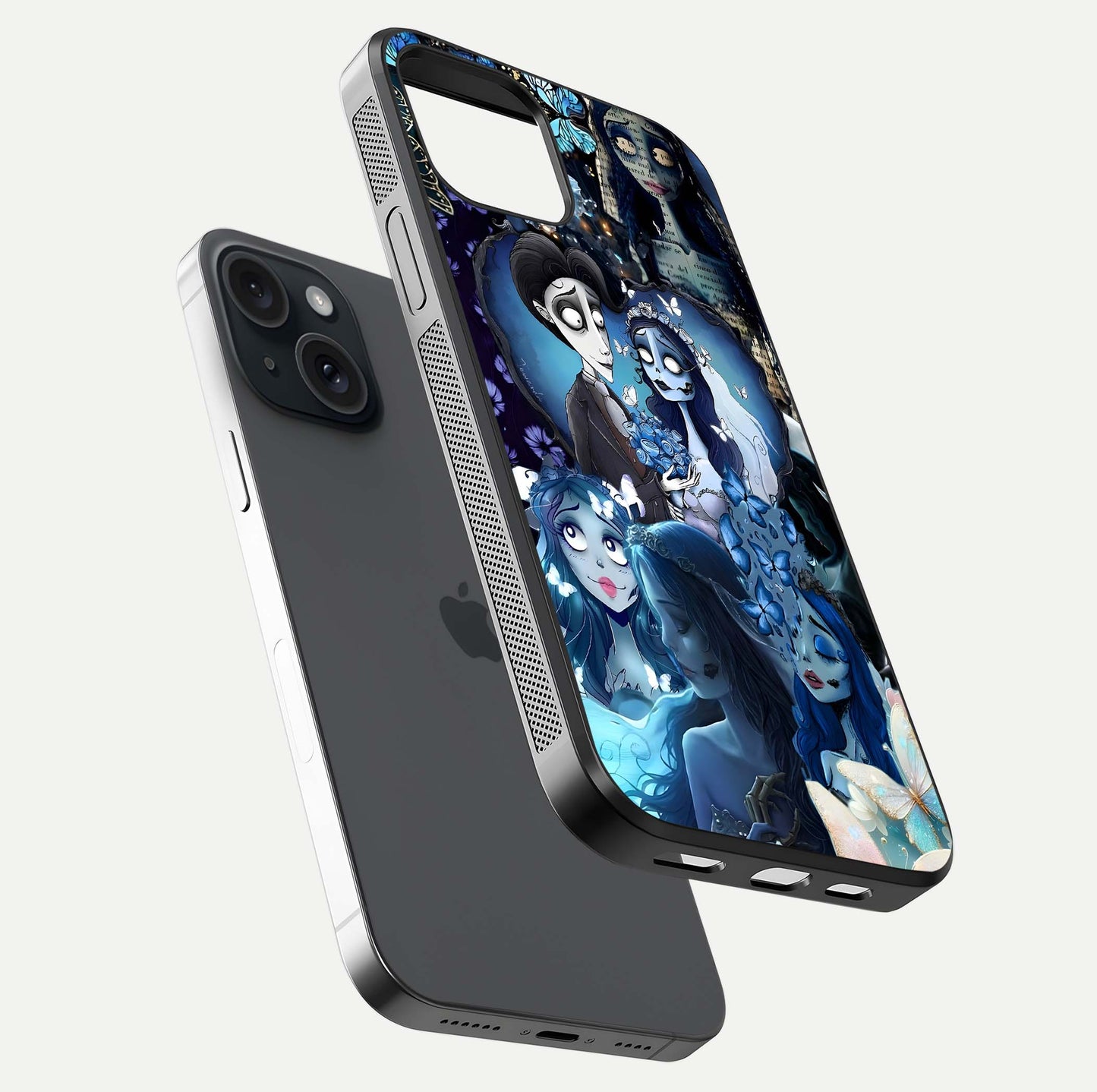 Butterfly Ghost Soul Glass Case for iPhone 15 floating mockup showcasing spirit-like butterfly detail and gloss