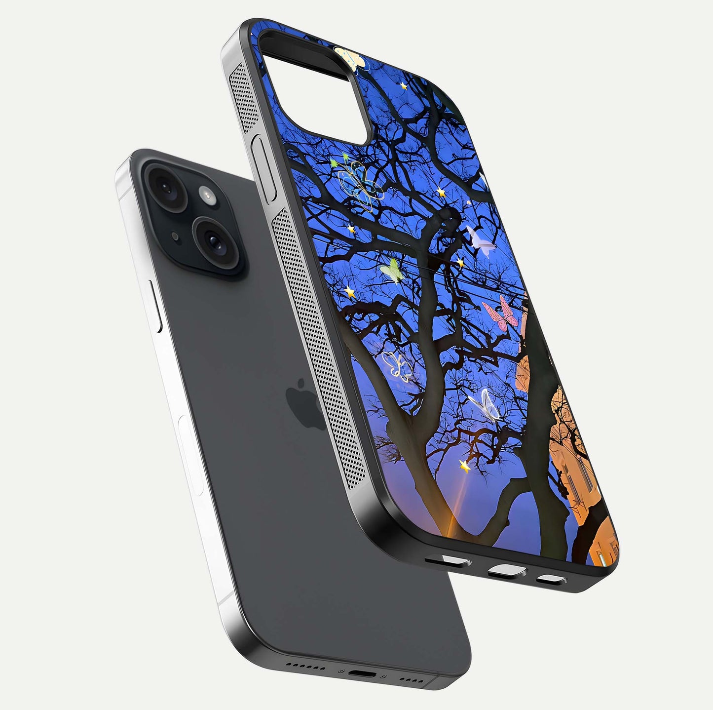 Butterfly Night Magic Glass Case for iPhone 15 floating mockup showing night glow and smooth polish
