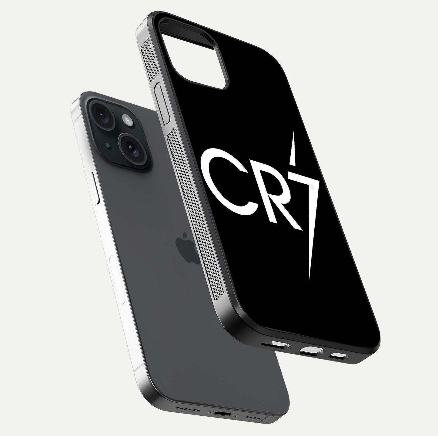 CR7 Elite Strike Glass Case for iPhone 15 floating mockup displaying HD gloss and sporty texture