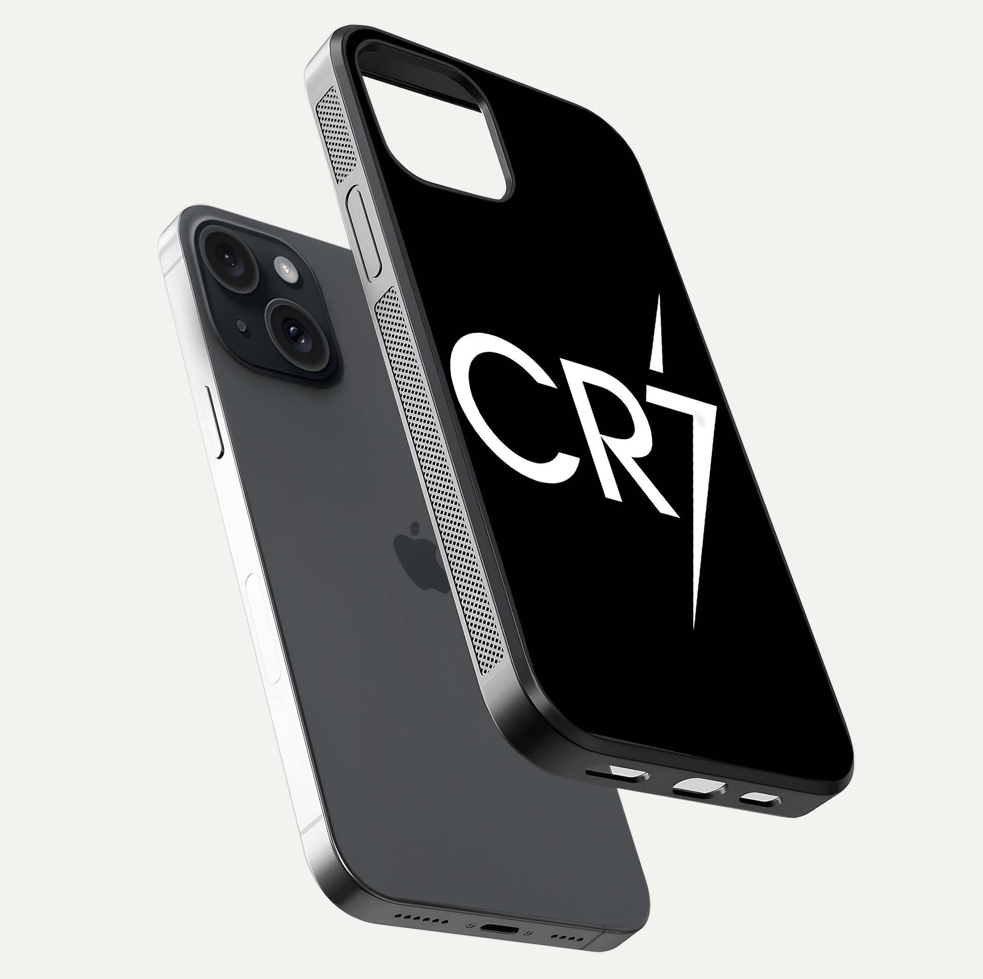 CR7 Elite Strike Glass Case for iPhone 15 floating mockup displaying HD gloss and sporty texture