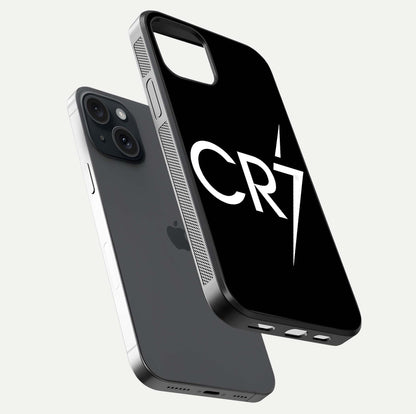 CR7 Elite Strike Glass Case for iPhone 15 floating mockup displaying HD gloss and sporty texture