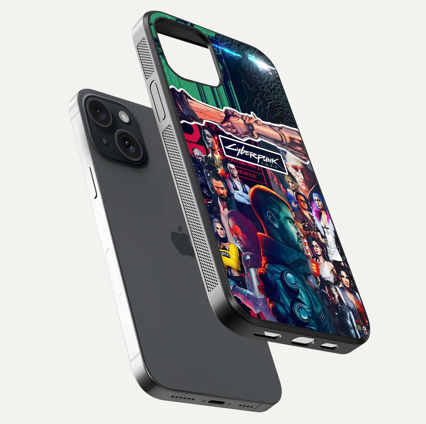 CYBERPUNK Legacy Glass Case for iPhone 15 floating mockup showing HD gloss and neon glow detail