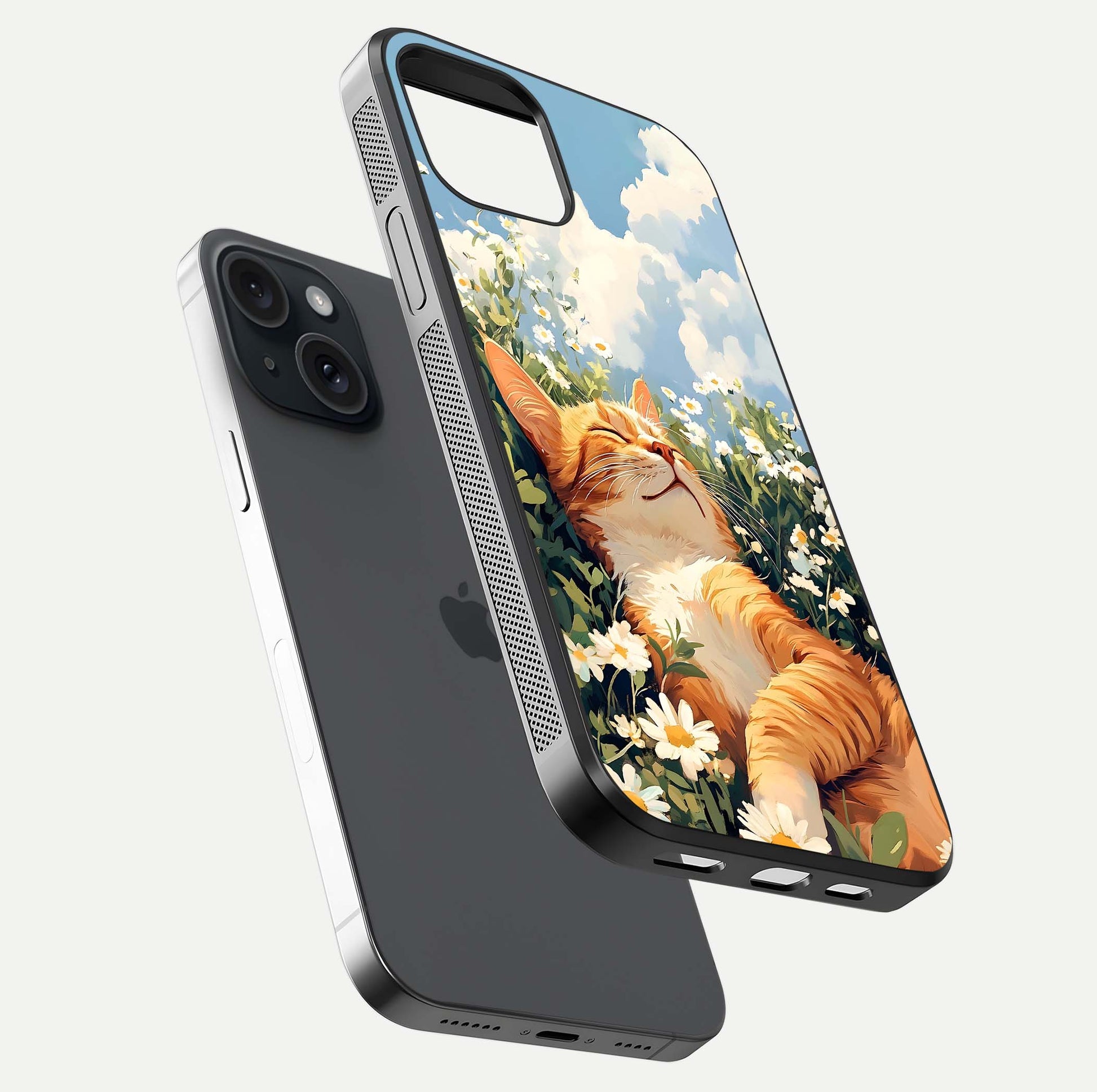 Cat & Flowers View Glass Case for iPhone 15 floating mockup showing design reflection and protective edges