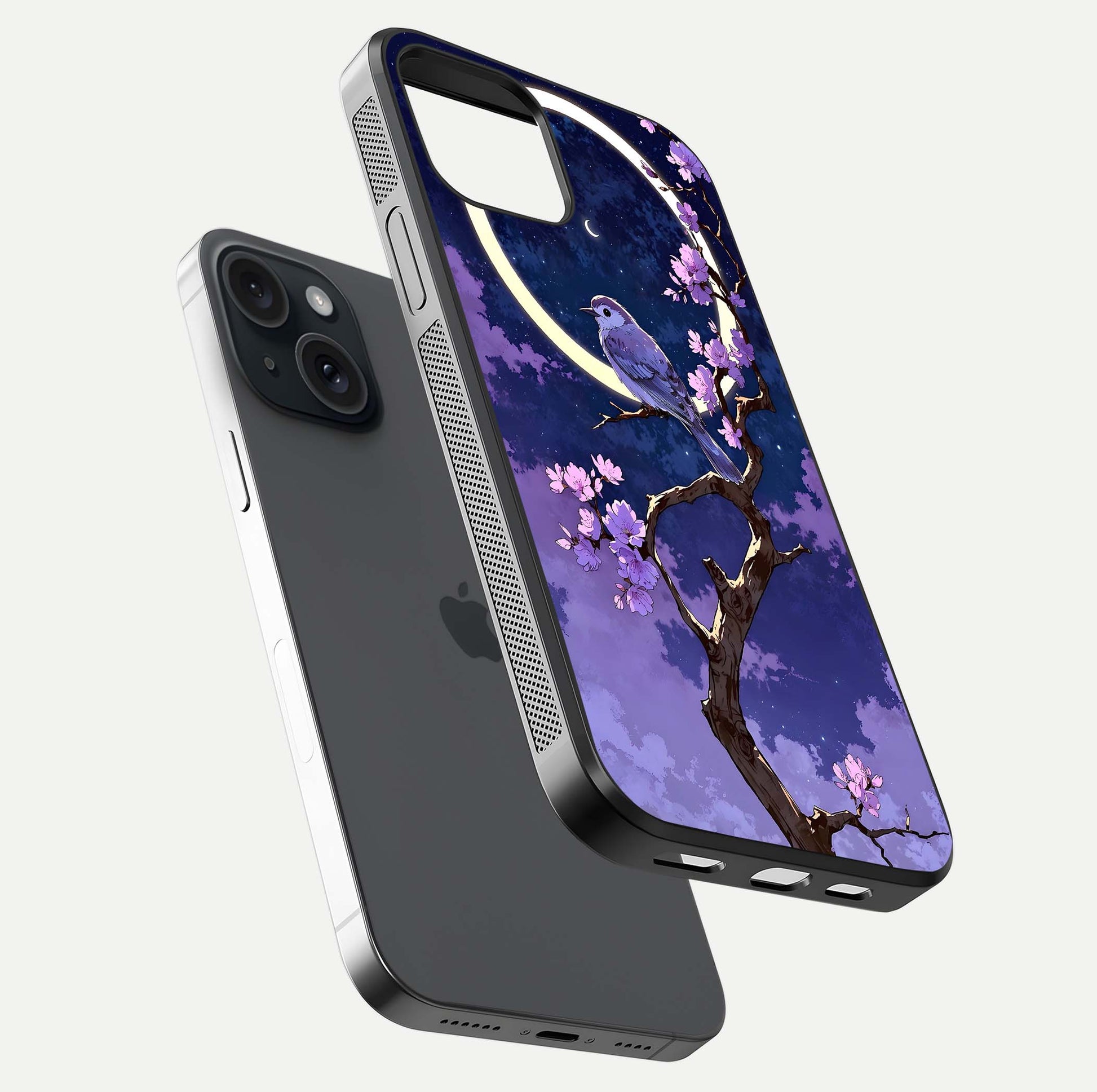 Celestial Bird Blossom Glass Case for iPhone 15 floating mockup showing cosmic floral tones and HD gloss