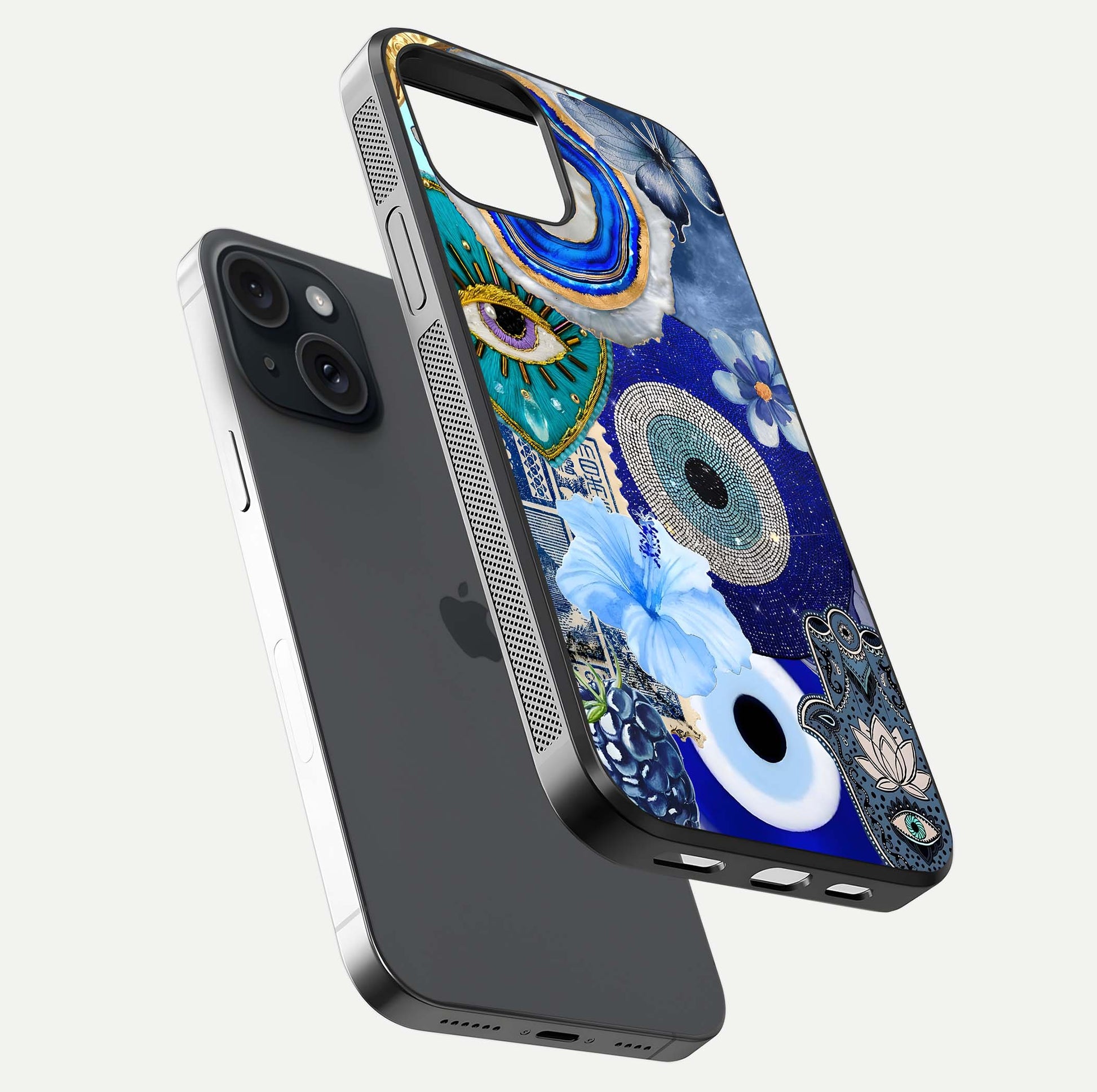 Celestial Blue Vision Glass Case for iPhone 15 floating mockup showing gloss depth and night-sky pattern