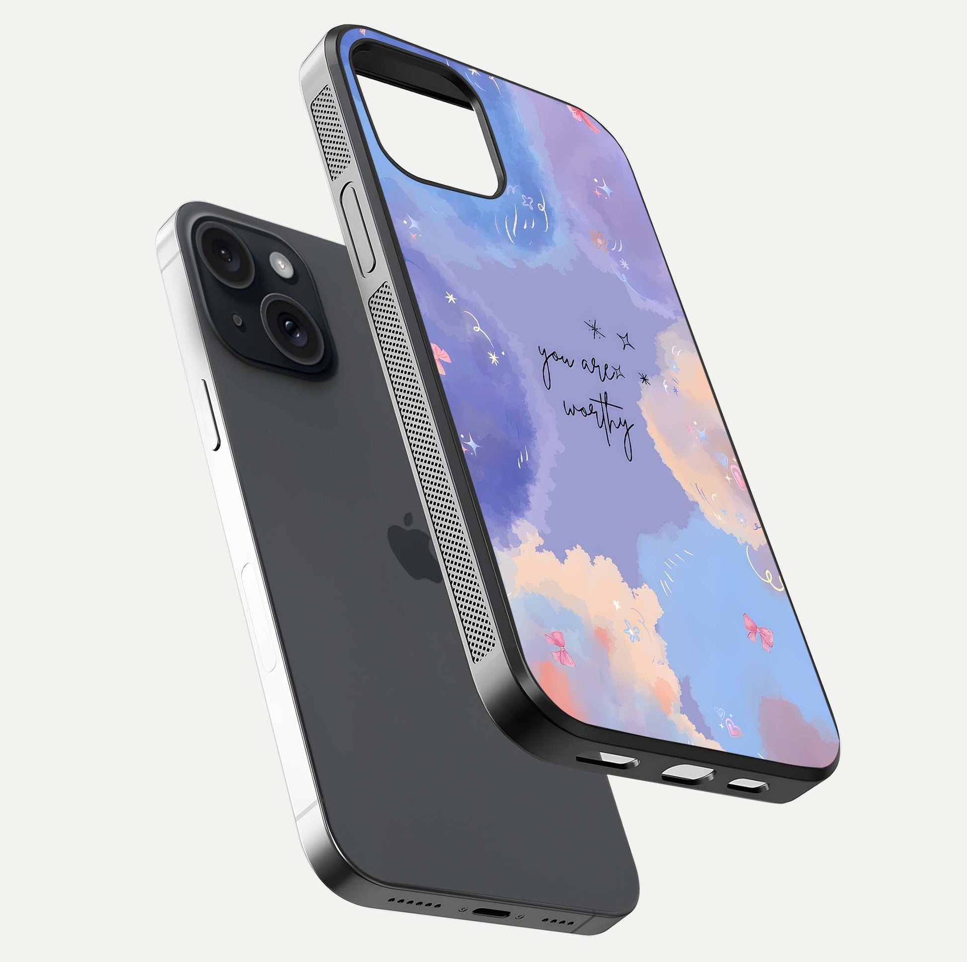 Celestial Cloud Magic Glass Case for iPhone 15 floating mockup displaying cloud aura and HD finish