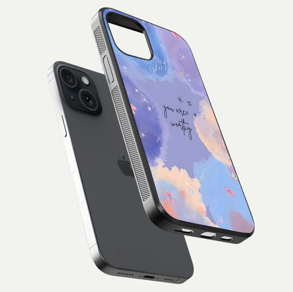 Celestial Cloud Magic Glass Case for iPhone 15 floating mockup displaying cloud aura and HD finish