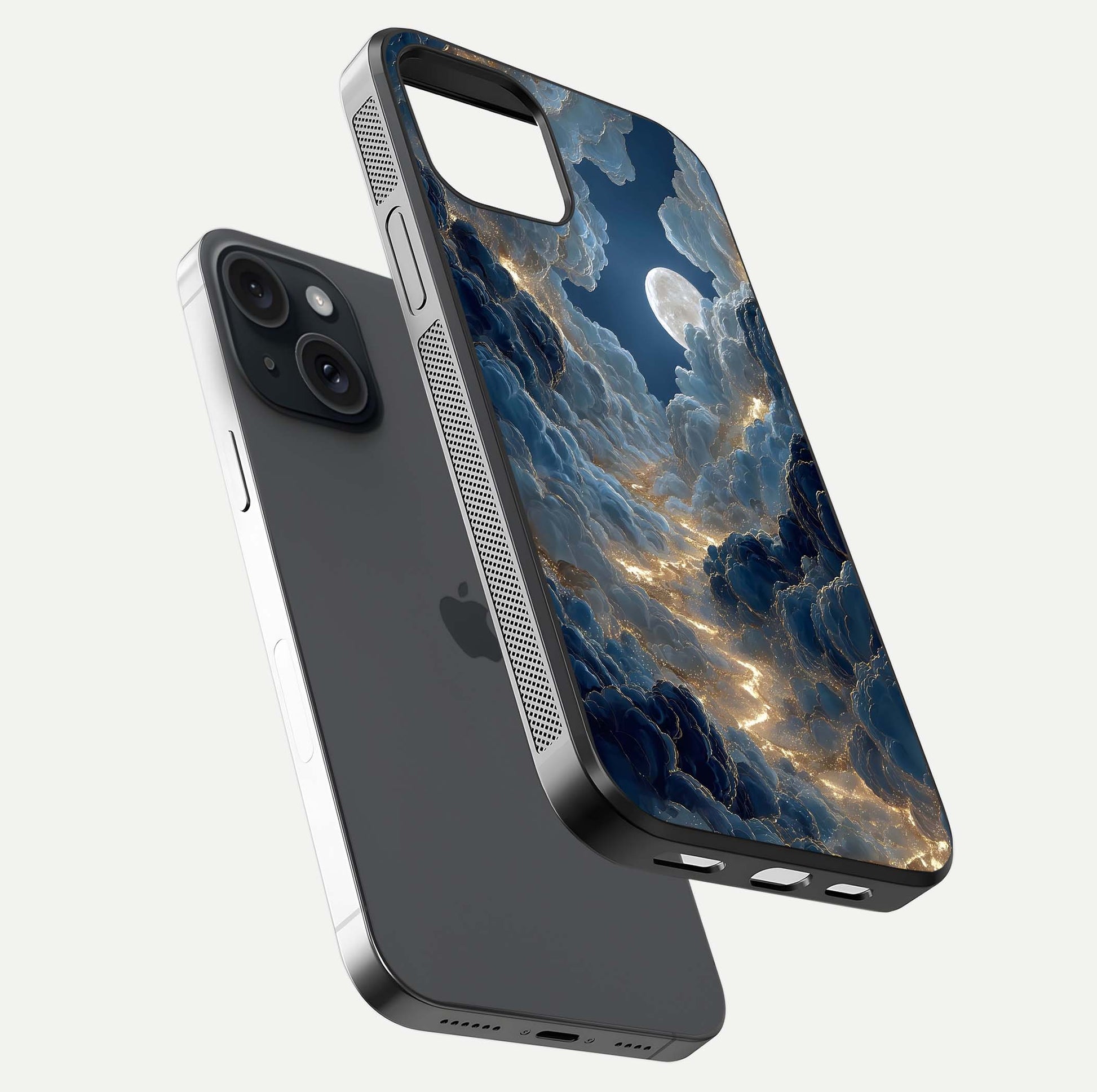 Celestial Cloud Road Glass Case for iPhone 15 floating mockup capturing glowing horizon and HD gloss