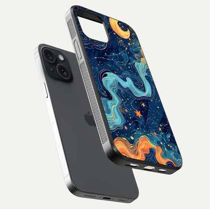 Celestial Dream Flow Glass Case for iPhone 15 floating mockup displaying gloss shimmer and artistic composition