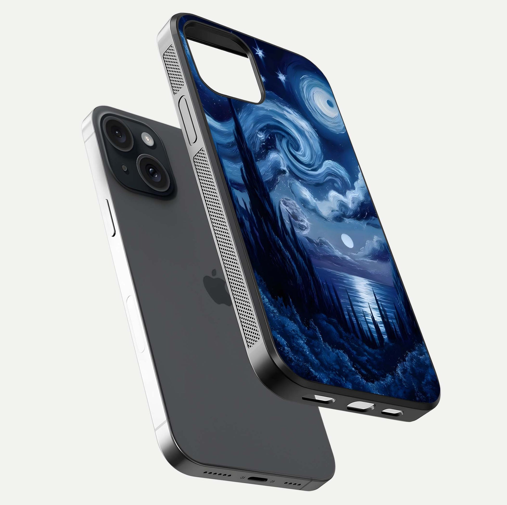 Celestial Dream Van Gogh Glass Case for iPhone 15 floating mockup highlighting cosmic tones and smooth gloss