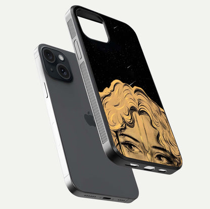 Celestial God’s Plan Glass Case for iPhone 15 floating dual-view mockup displaying gloss surface and vivid print