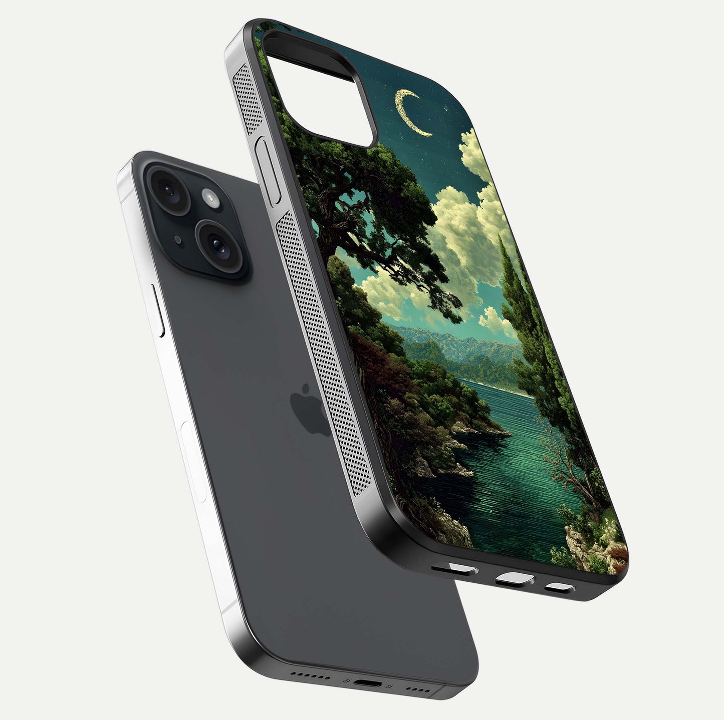 Celestial Lake Peace Glass Case for iPhone 15 floating mockup capturing calm tones and smooth polish