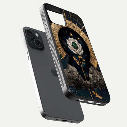Celestial Lotus Morang Glass Case for iPhone 15 floating mockup showing gloss depth and cosmic lotus glow