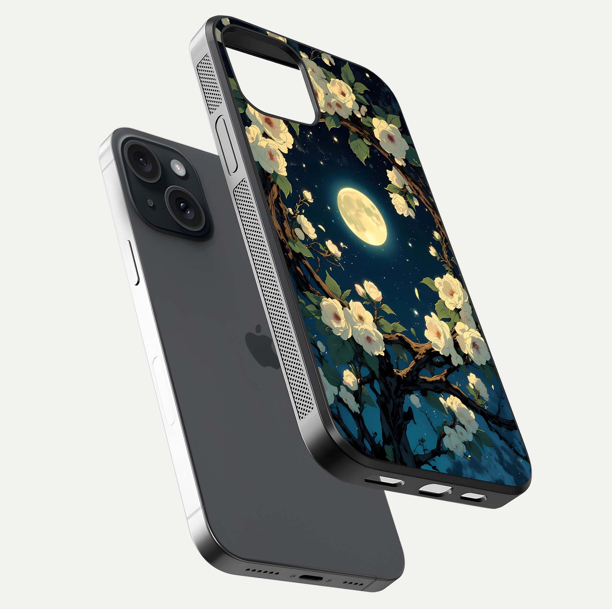 Celestial Moon & Flower Glass Case for iPhone 15 floating mockup emphasizing HD shine and delicate texture