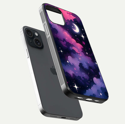 Celestial Moon Magic Glass Case for iPhone 15 floating mockup showing reflection gradient and smooth polish