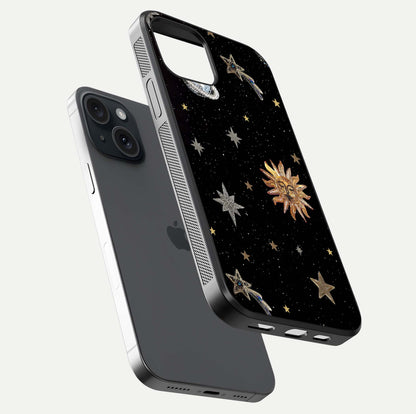 Celestial Moon With Stars Glass Case for iPhone 15 floating mockup emphasizing star depth and gloss clarity