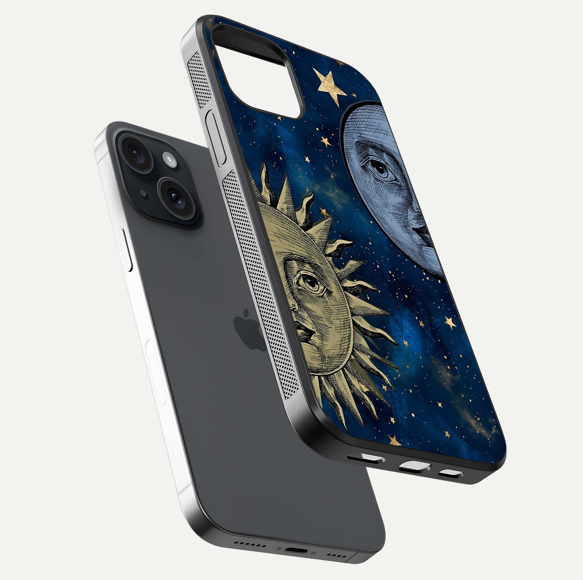 Celestial Moon With Sun Glass Case for iPhone 15 floating mockup displaying vibrant contrast and HD gloss